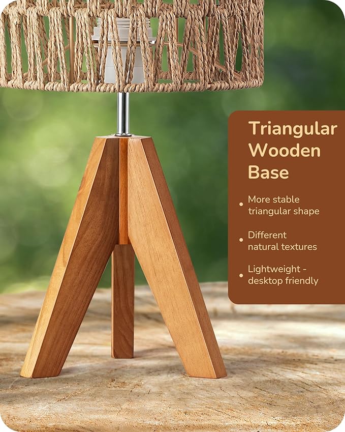 EDISHINE Small Table Lamp, Rattan Wood Tripod Bedside Lamp, Boho Nightstand Lamp for Living Room, End Table, Office, E26 Base, Natural Style