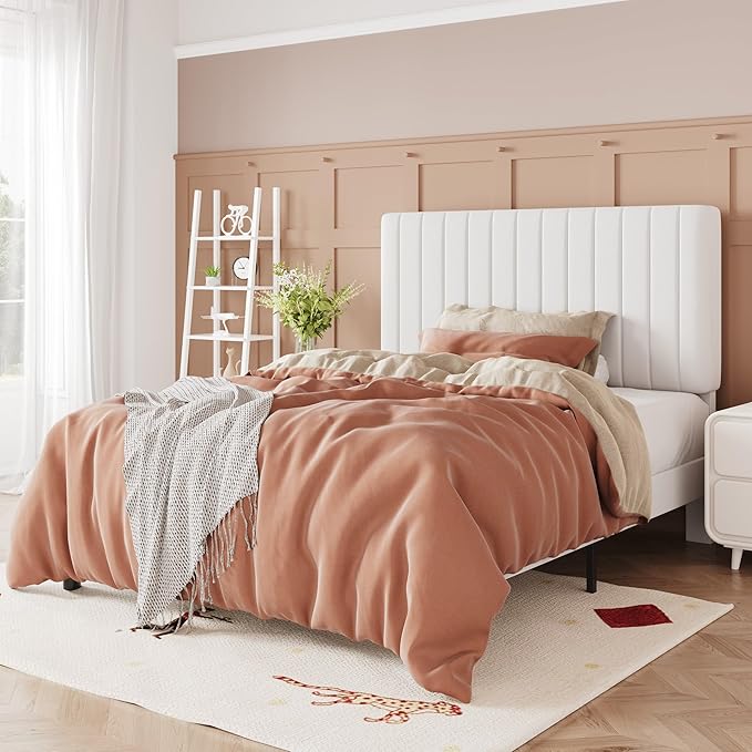 Allewie Twin Bed Frame, Velvet Upholstered Platform Bed with Adjustable Vertical Channel Tufted Headboard, Mattress Foundation with Strong Wooden Slats, Box Spring Optional, Easy Assembly, Off-White