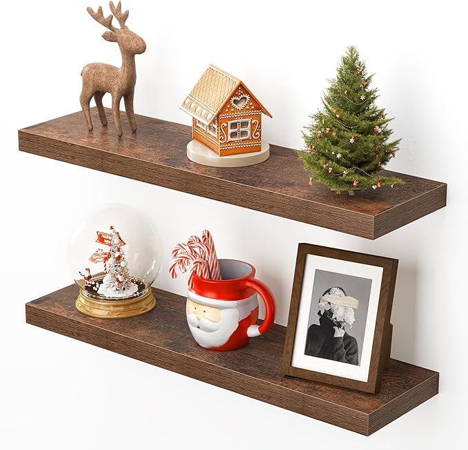 Heimlove 24 Inch Floating Shelves for Wall,Mounted Storage Wood Shelves with Invisible Brackets Hanging Shelf for Bedroom,Living Room,Kitchen,Office,Set of 2,Rustic Brown