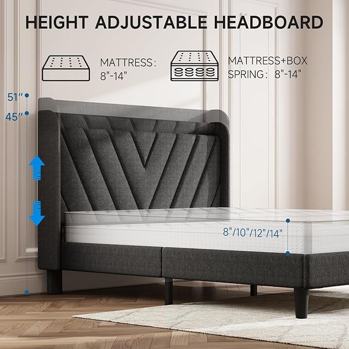 koorlian Queen Bed Frame with Headboard, Adjustable Upholstered Platform Bed Frame with Type-C&USB Ports, Wingback Storage Headboard, Solid Wood Slats Support, No Box Spring Needed, Dark Gray