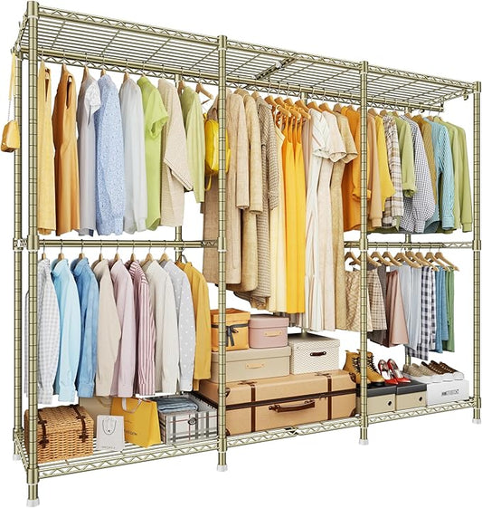 E14 Heavy Duty Clothes Rack，Freestanding Clothing Racks for Hanging Clothes，Adjustable Closet Organizers and Storage，Metal Garment Rack with Shelves 69" W x16 D x77 H，Max Load 960LBS，Gold