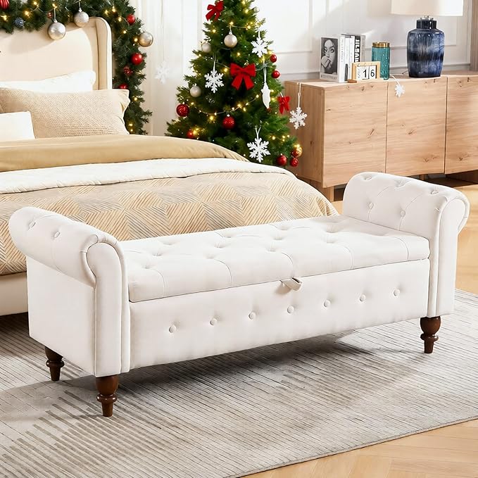 GNIXUU 63" End of Bed Storage Bench for Bedroom, Upholstered Ottoman Seat with Storage for Living Room, Window, Entryway, Beige White Velvet