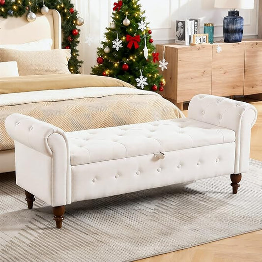 GNIXUU 63" End of Bed Storage Bench for Bedroom, Upholstered Ottoman Seat with Storage for Living Room, Window, Entryway, Beige White Velvet