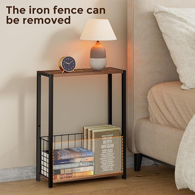 Narrow Side Table with Magazine Holder, Skinny End Table Perfect for Small Spaces, Space-Saving Design for Living Room, Bedroom, or Office, 7.1" D x 16.9" W x 23.6" H, Rustic Brown