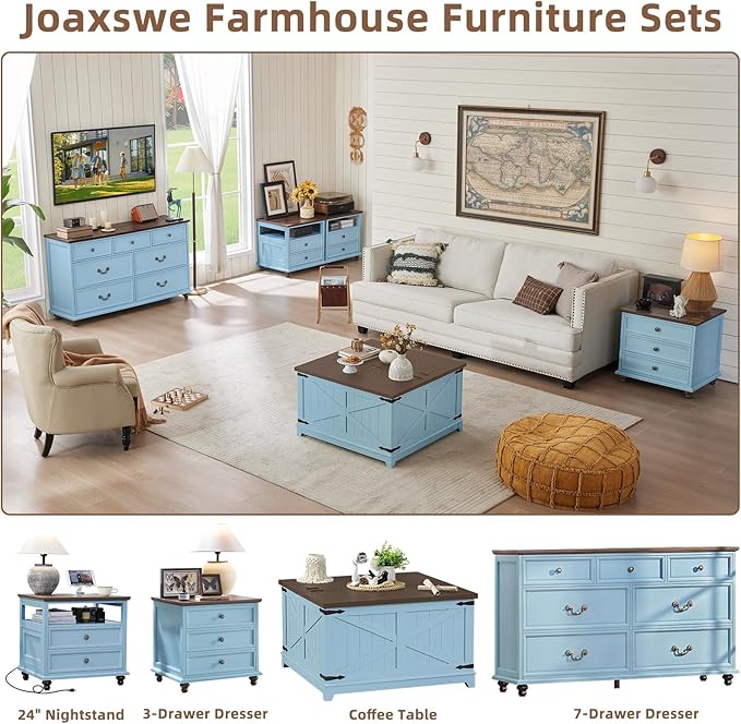 24" Wide Farmhouse Nightstand with Charging Station Set of 2,54" 7 Drawers Dresser, 37" Tall Rustic Chests of Drawers, Farmhouse Furniture Series for Bedroom,LightBlue