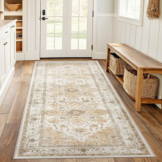 AMADA HOMEFURNISHING 2x6 Washable Runner Rug, Low-Profile Kitchen Rugs with Non-Slip Backing & Durable Edge Binding, Vintage Entryway Runner Rug for Bedroom & Hallway