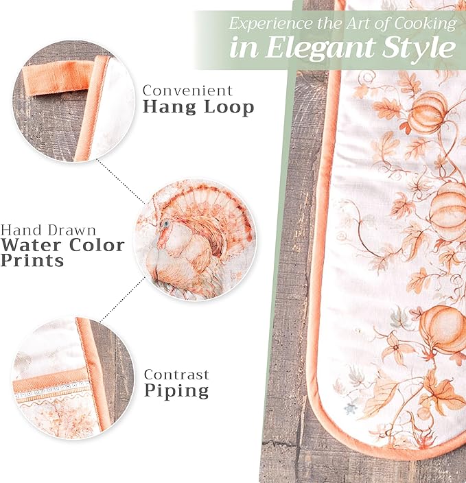 Maison d' Hermine Double Oven Mitt (7" x 35") 100% Cotton Heat Resistant BBQ Cooking Gloves with Loop for Thanksgiving Christmas Decorations Baking Cooking Barbeque Handling Hot Pan (Giving Thanks)