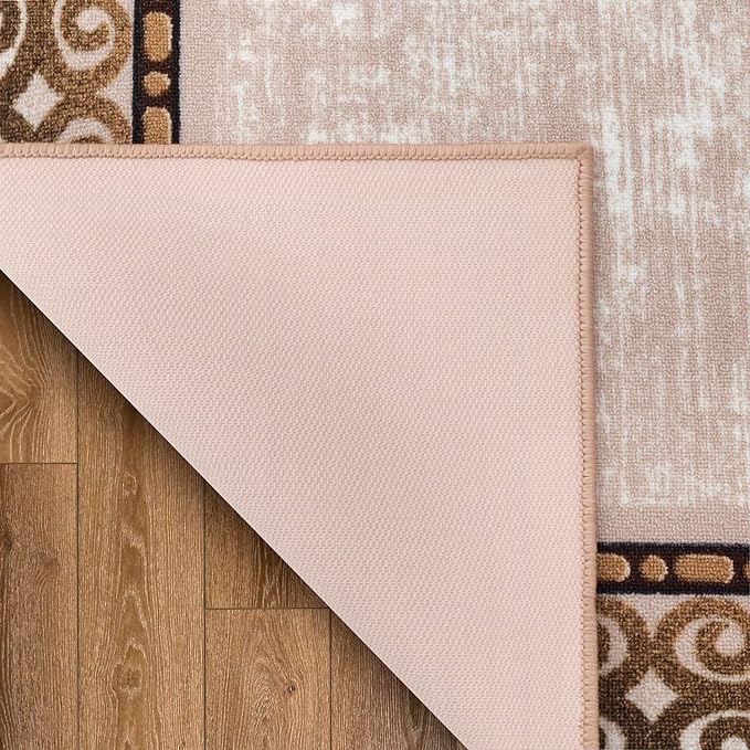 Antep Rugs Alfombras Bordered Modern 4x6 Non-Slip (Non-Skid) Low Pile Rubber Backing Indoor Area Rug (Beige, 4' x 5'8")