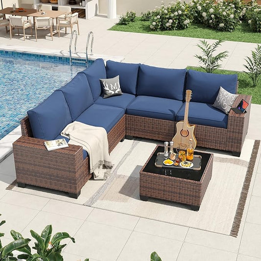 Aoxun 6 Pieces Patio Furniture Set Wicker Rattan Outdoor Sectional Conversation Set with Coffee Table and 4” Thickened Cushions, Blue (Waterproof Cover Included)