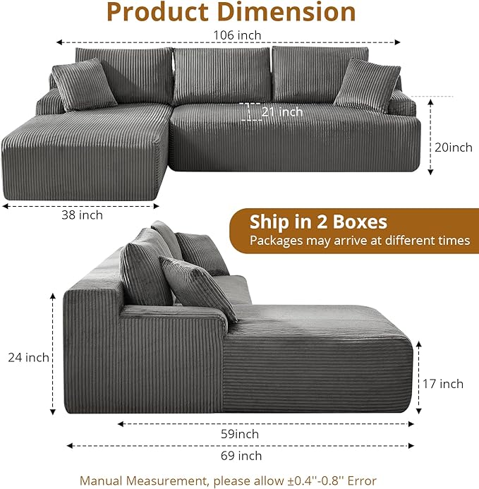 Sectional Cloud Couch for Living Room L Shaped Couch with 3 Seat Ind. Chaise Longue Corduroy Fabric Boneless Modular Modern Sofa with Pillows for Apartment and Small Space Grey