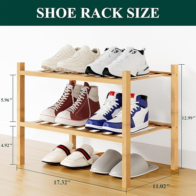 Smiry Shoe Rack, 2 Tier Small Bamboo Shoe Organizer, Stackable Free Standing Wooden Shoe Storage Shelf for Closet, Entryway, Front Door Entrance, Natural