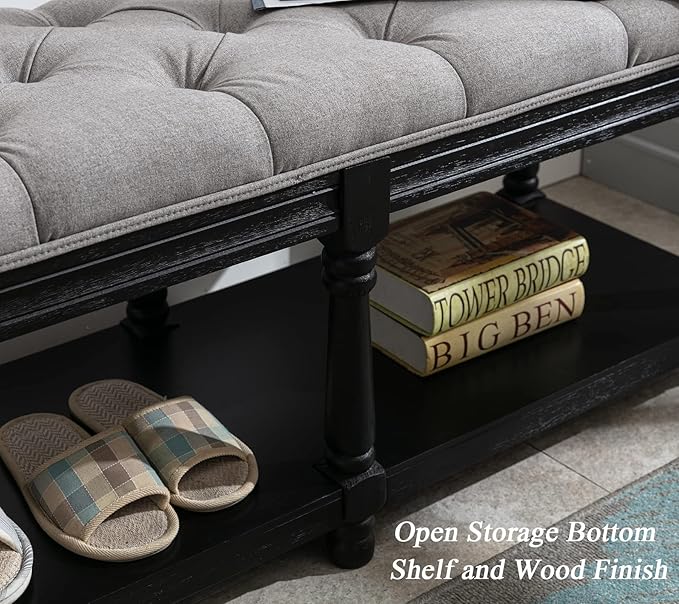 DUOMAY Mid-Century Tufted Storage Bench with Shelf, Linen Upholstered Farmhouse Entryway Shoe Bench Ottoman Bed End Stool for Bedroom Living Room Dining Room, Black Wood Frame, Grey