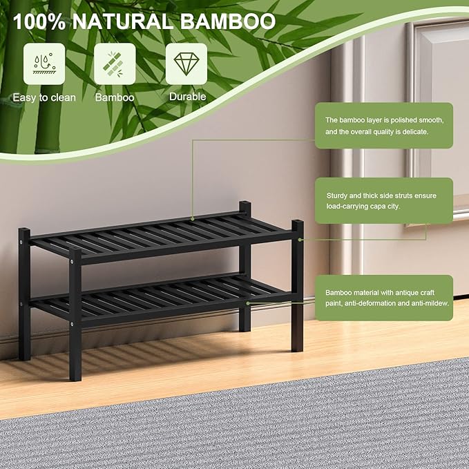 2 Tier (Thick) Bamboo Shoe Rack for Closet Free Standing Wood Shoe Shelf for Entryway Small Space Stackable 27"x12"x14" (Black)