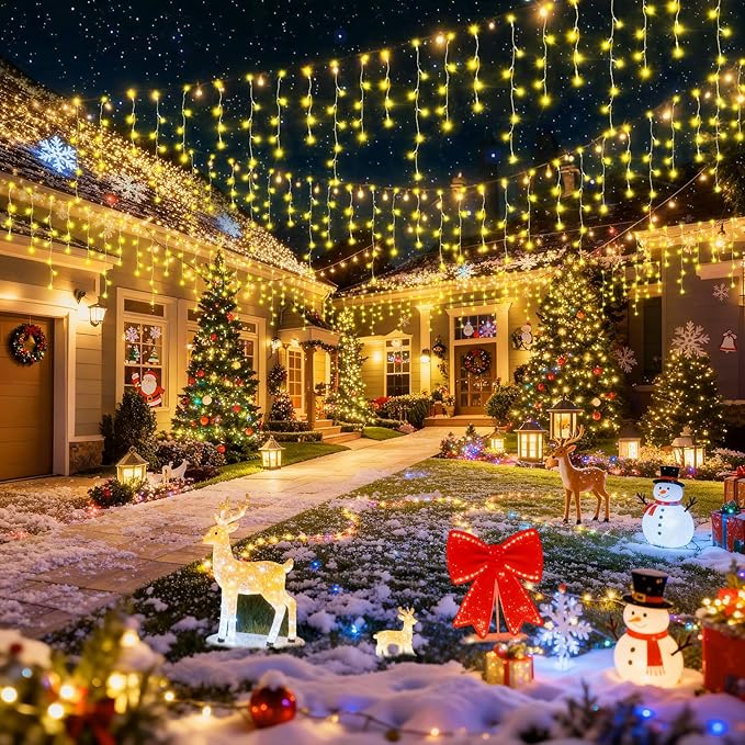 Hezbjiti Outdoor Christmas Lights, 400LED Ice Lights 33FT LED Fairy String Lights with 8 Modes and 75 Drops for Eaves, Party, Yard, Garden Decor（Warm White）