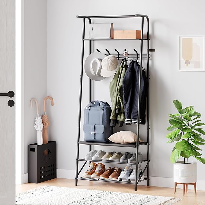 MDF Hall Tree with Bench, 4-in-1 Entryway Coat Rack with Storage Shelf & Shoe Organizer, Sturdy Freestanding Furniture for Living Room, Bedroom, Mudroom