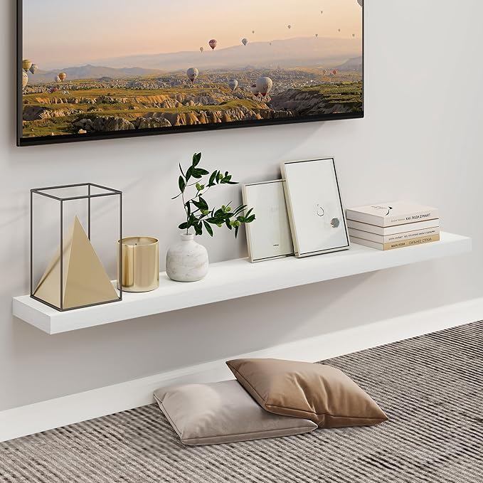 Fun Memories 55 Inch Fireplace Mantel - Long Floating Shelf, Wall Mounted Farmhouse Display with Invisible Heavy Duty Metal Bracket, White