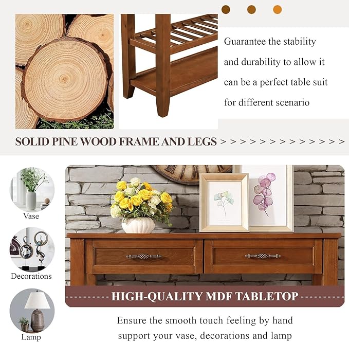 KEIKI 42”L Pine Solid Wood Entryway Console Table with 2 Storage Drawers, Mid-Century Retro Behind Couch Sofa Table with 2 Tiers Open Shelf for Hallway, Entrance, Entry Way, Living Room, Foyer