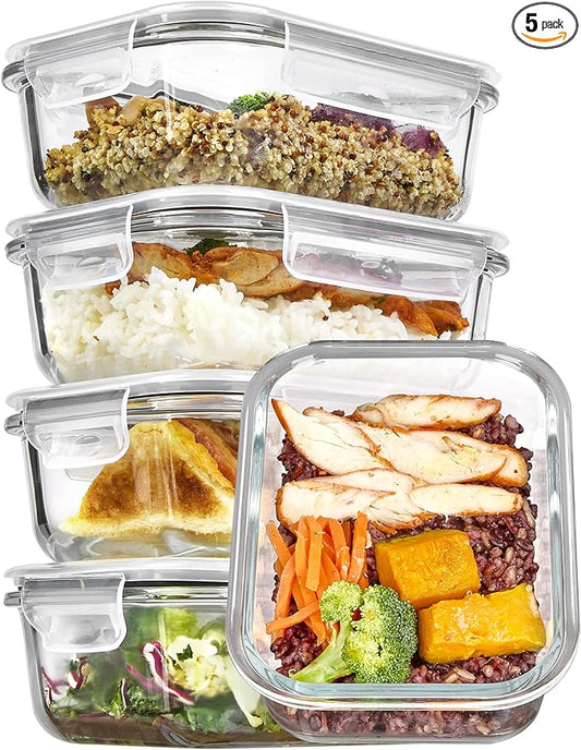 Vtopmart 5Pack 22oz Glass Storage Containers with Lids, Glass Meal Prep Food Container Sets with Snap Airtight Lids for Microwave, Oven, Freezer and Dishwasher, Grey