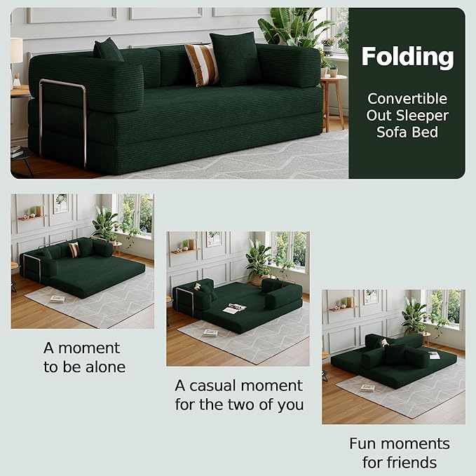 78.8''Convertible Sleeper Sofa Bed,Compressed Floor Boneless Couch,Modular Modern Corduroy Sofa for Living Room Bedroom -with Fixed-Shape Frame and Support Armrest,Easy Assembly(Dark Green)