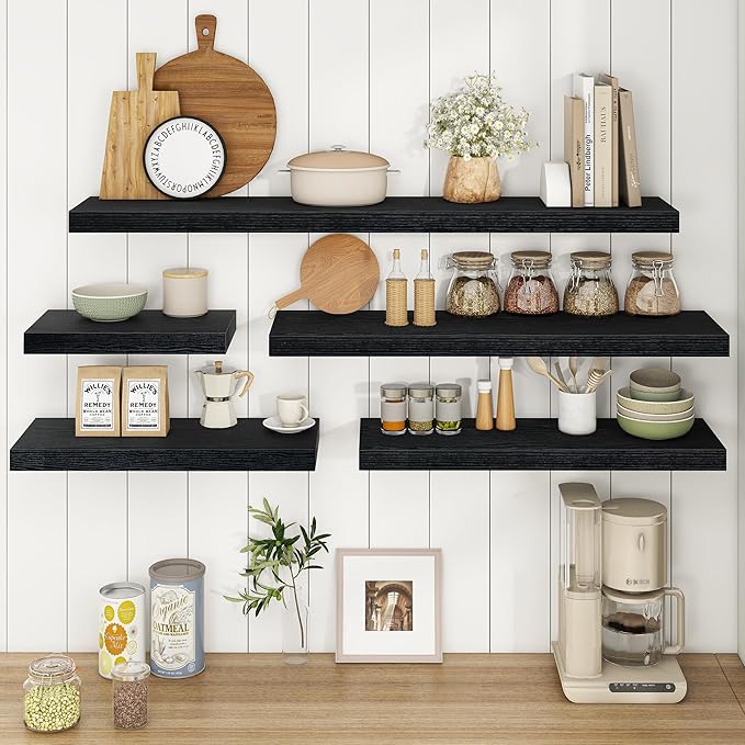 Fun Memories 36Inch Floating Shelves, 9.3Inch Deep Rustic Wall Shelves - Extra Deeper & Thicker Wall Mounted Storage Shelf for Kitchen, Farmhouse - Set of 2 - Rustic Black