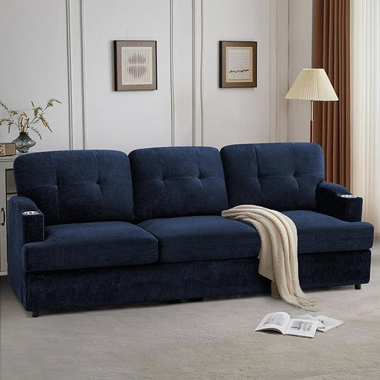 89" Chenille Modern Sofa with Cup Holder, Tufted Upholstered Couch with Thickened Cushions, Comfy 3 Seater Sofa with Deeper Seat for Living Room, Apartment,Blue