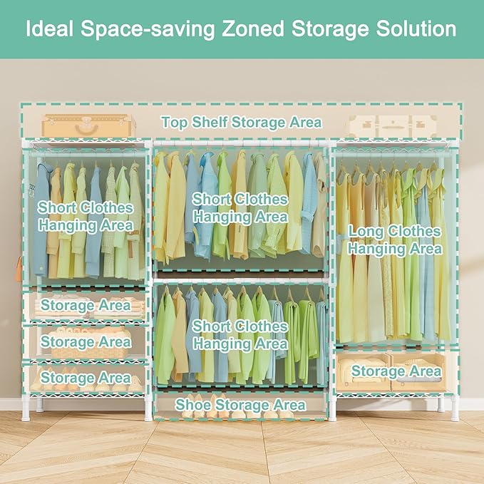 SEMHOR E06 Expandable Heavy Duty Clothes Rack for Reach-in Closet, Freestanding Clothing Racks with Shelves, Carbon Steel Closet Organizer System Adjustable from 70.8-93.9", Max Load 800LBS, White