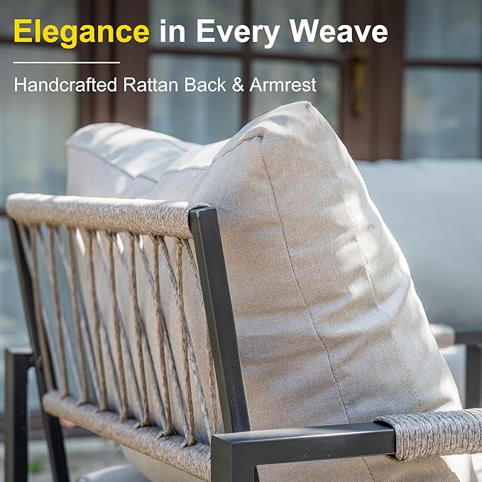 Metal Patio Furniture Set with 51inch Grey Fire Pit Table, 6-Piece Modern Outdoor Conversation Set with 6-Inch Thick Cushions, Outdoor Furniture Set for Garden, Backyard, Balcony, Poolside (Warm Grey)