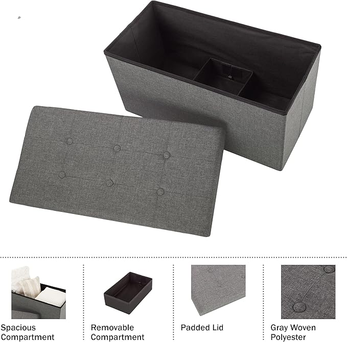 Lavish Home Ottoman Set of 2 - Ottoman Foot Rest, Linen Chest, or Storage Bench Set - 30in Ottomans for Living Room, Bedroom, Dorm Storage (Dark Gray)