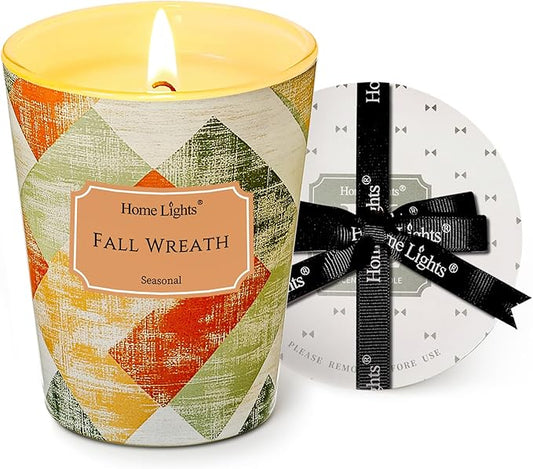 HomeLights Soy Wax Candles for Home Scented, 1-Wick Candles in Fall Wreath Scented, Rustic Modern Aromatherapy Candles Gift for Parties, Relaxing, 6.7oz