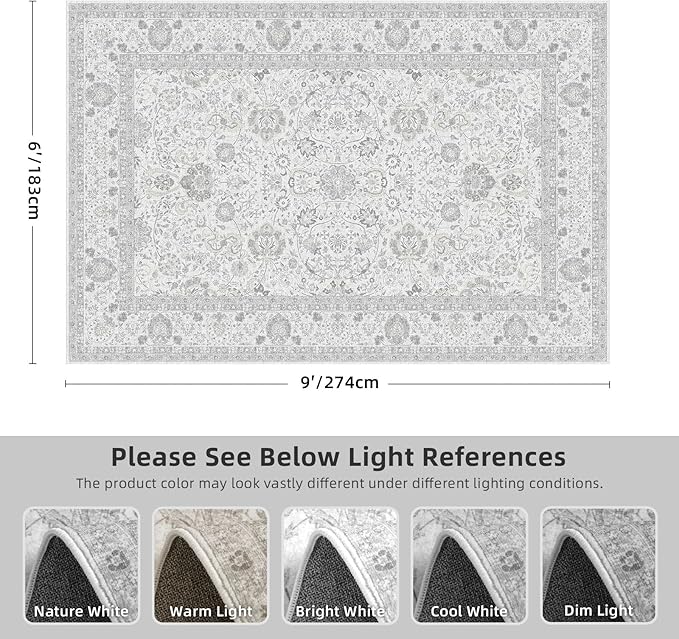 Deerly Light Grey Vintage 6x9 Nursery Rugs for Living Room, Rug Boho Washable Area Rug with Non-Slip Backing, Indoor Carpet for Bedroom Dining Room