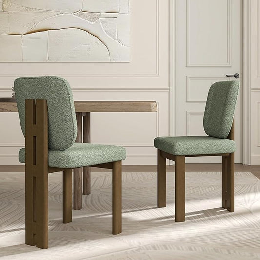 Modern Dining Chairs Set of 2, Farmhouse Chenille Upholstered Wooden Kitchen Chairs with Back, Side Armless Dining Room Chairs with Walnut Wood Legs for Kitchen Restaurant, Green