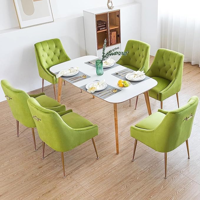 Modern Dining Chair Set of 6, Mid-Century Room Chair, Upholstered Comfortable Velvet with Back Pull Rod and Metal Legs for Kitchen, Living (Yellow-Green) (DYXSD)