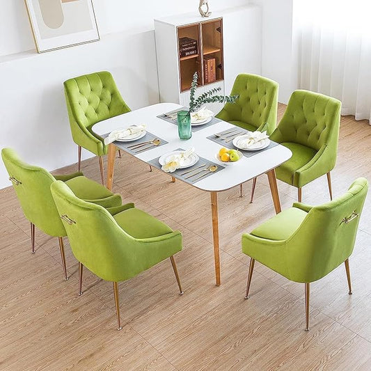 Modern Dining Chair Set of 6, Mid-Century Room Chair, Upholstered Comfortable Velvet with Back Pull Rod and Metal Legs for Kitchen, Living (Yellow-Green) (DYXSD)