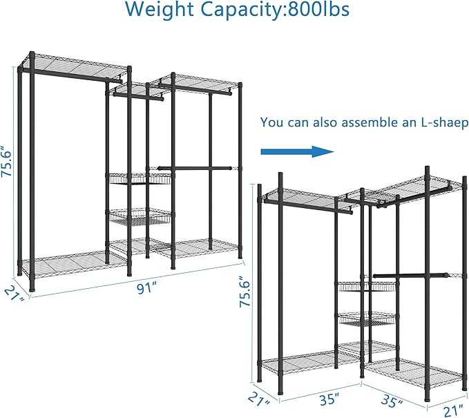 Xiofio Freestanding Heavy Duty Clothes Rack, Wire Clothing Rack with Hanging Rod,Adjustable Shelves & 2 Slid Fixed Baskets,60.7" L x 15.7" W x 70.5" H Max Load 720LBS,Black.