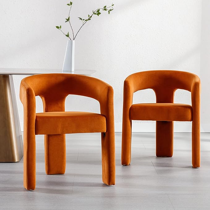 Modern Barrel Dining Chair, Velvet Upholstered Accent Side Chair with Arms Comfy Makeup Vanity Chair, Dining Living Room Kitchen Chair, Orange