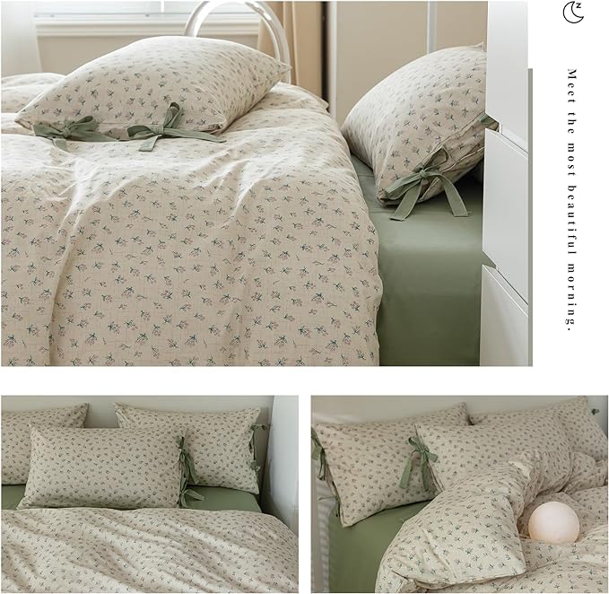 Cotton Duvet Cover King Chic Aesthetic Green Floral Comforter Cover Vintage Cottagecore Style Duvet Cover with 2 Bowknot Pillowcases Garden Flower Botanical Bedding Duvet Cover with Zipper Closure