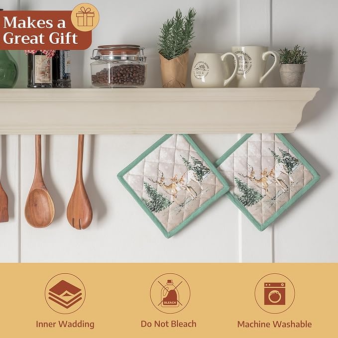 Maison d' Hermine Pot Holders Set 100% Cotton Heat Resistant Potholders 8" x 8" Hot Pads with Loop for Thanksgiving Christmas Decorations BBQ Baking Handling Hot Pans (Pack of 2, Deer in The Woods)