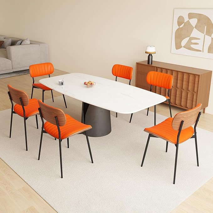 Modern PU Leather Dining Room Chairs Set of 6, Upholstered Kitchen Chairs with Walnut Bentwood Back and Metal Legs Adjustable Feet for Kitchen Dining Room(Orange)