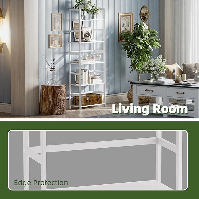 5-Tier Bookshelf, Industrial Bookcase with Bamboo Frame, Modern Display Standing Shelf Unit, Tall Wood Storage Organizer for Living Room, Home Office, White