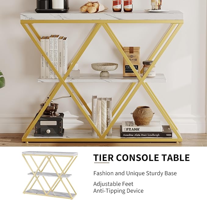 Garvee 3-Tier Entryway Table, Industrial Console Sofa Table with Storage, Accent Table with Open Shelves, X-Shaped Metal Frame, Foyer Table for Entryway, Hallway, White