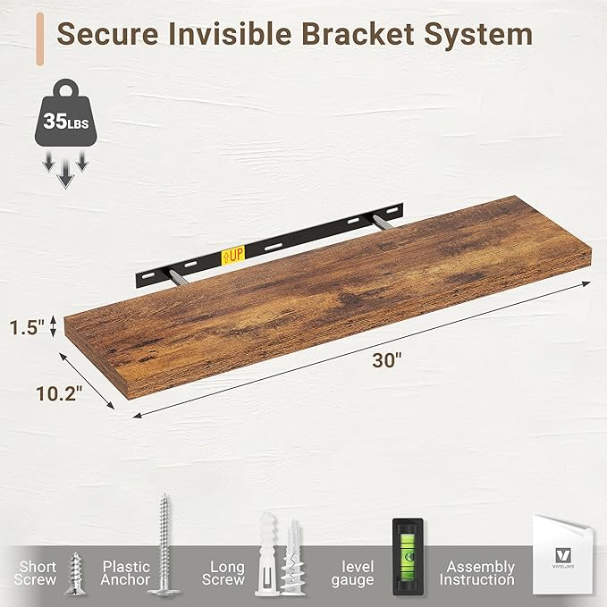 Vivelove 10 Inch Deep Floating Shelves 30 inch Long, 30 x 10 Wide Wall Shelves with Invisible Brackets, for Bedroom Bathroom Living Room Kitchen Office, Farmhouse Home Decor, Set of 2, Rustic Brown