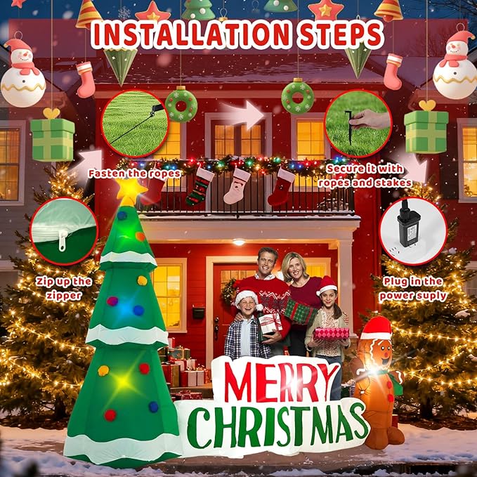 10FT Christmas Inflatable Outdoor Decorations, Christmas Tree Road Sign Pancake Man Inflatable Yard Decorations with LED Lights for Indoor and Outdoor Yard Garden Christmas Decorations