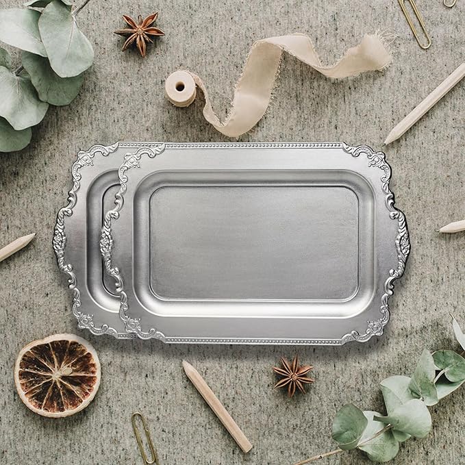 Set of 2 Matte Silver-Effect Plastic Decorative Trays for Coffee Table- Vintage Style (Actual Available Size: 10.5" L x 5.9" W)