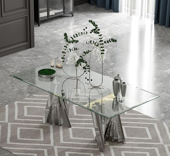 Dining Table for 4-8, 78“ Modern Falcone Kitchen and Dining Table with Tempered Glass Top, Silver Dinner Table for Dining Room, Kitchen, Party
