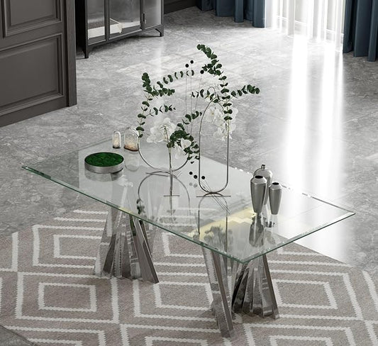 Dining Table for 4-8, 78“ Modern Falcone Kitchen and Dining Table with Tempered Glass Top, Silver Dinner Table for Dining Room, Kitchen, Party