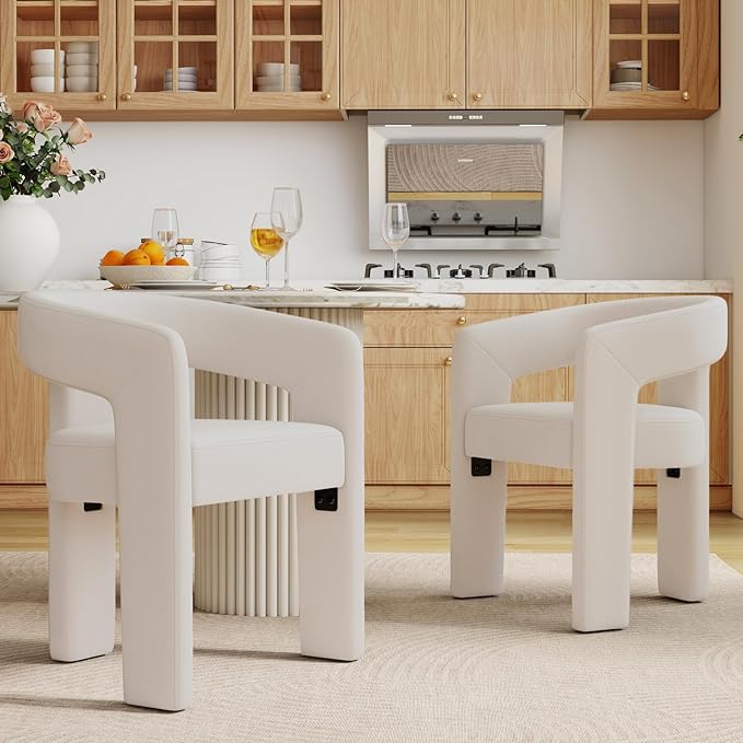 Set of 2 Modern Velvet Fabric Upholstered Dining Chairs with Open-Back, Cute Barrel Side Chairs Kitchen Armchair Accent Chairs for Dining Room Bedroom, Ivory