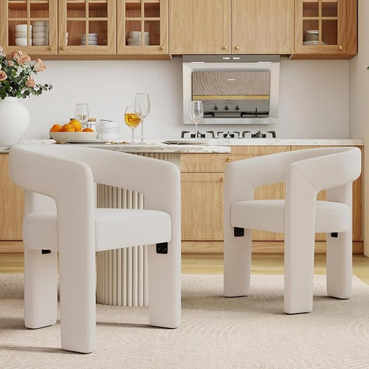 Set of 2 Modern Velvet Fabric Upholstered Dining Chairs with Open-Back, Cute Barrel Side Chairs Kitchen Armchair Accent Chairs for Dining Room Bedroom, Ivory