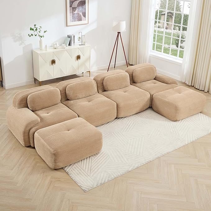 152" Modern Corduroy Cloud Sofa with Ottoman, U Shaped Boneless Modular Large Sectional Couches for Living Room, Camel 4 Seater Compressed Memory Foam Couch, Extra Deep Seat, No Assembly