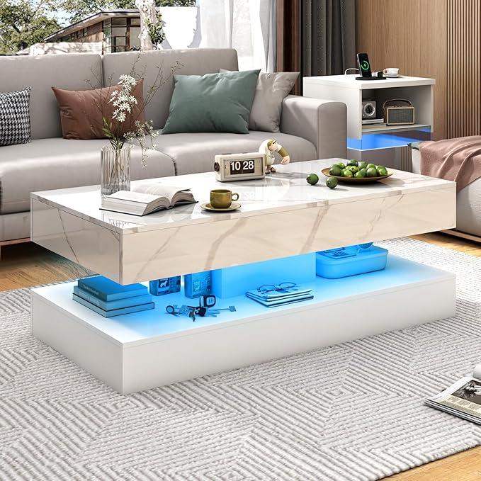47.2" Large High-Glossy LED Coffee Table with 2 Sliding Drawers, Living Room Storage Coffee Tables with Marbling Print, Modern Stylish Double-Layer Center Tables w/LED Lights, White