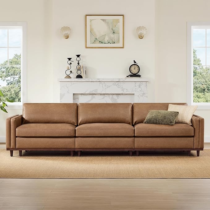 CHITA 118" Super Large Luxury 3 Seat Sectional Modular Sofa, FSC Certified Down Filled Modern Sofa, Deep Seat Comfty Cloud Couch, 3 Seat Couch, Solid Wood Leg, Faux Leather in Camel
